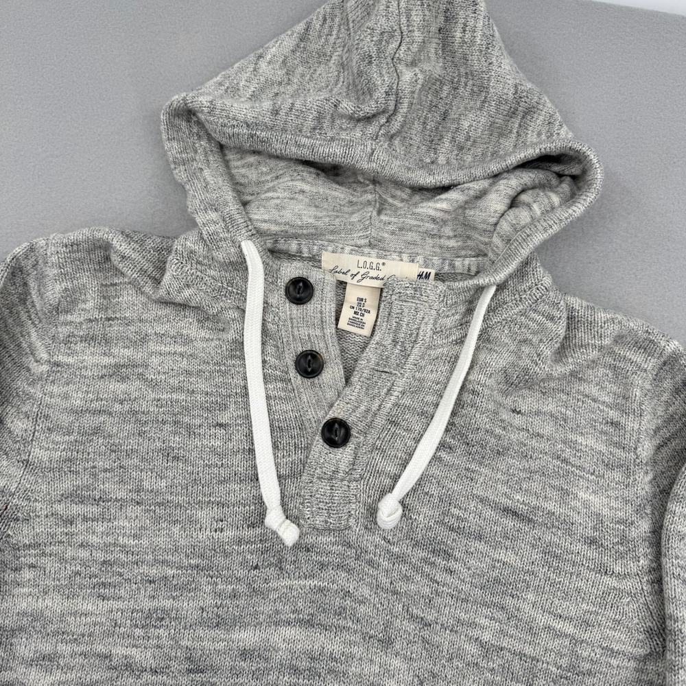HM‎ LOGG Mens Heather Grey Marled Knit Henley Hoodie Pullover Sweater Small S
